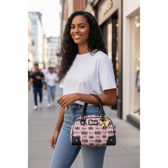 Juicy Couture Handbags - Juicy Couture Light Pink & Brown Trim Crossbody Satchel Bag